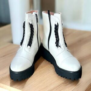 All Black NWB EU 36 twin black chain‎ cream chunky moto ankle boots